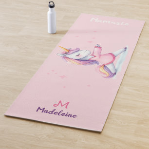 Unicorn Yoga Pose Pastel Pink Cute Name Monogram Yoga Mat