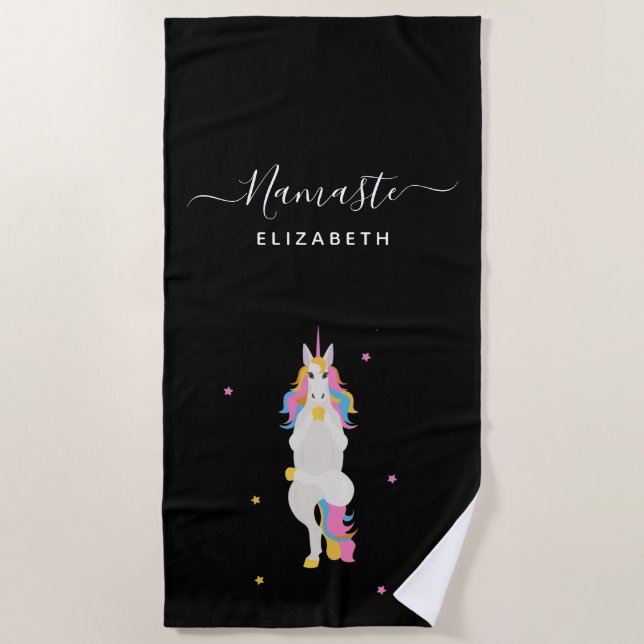 Unicorn yoga poses black cute fun Namaste name Beach Towel (Front)