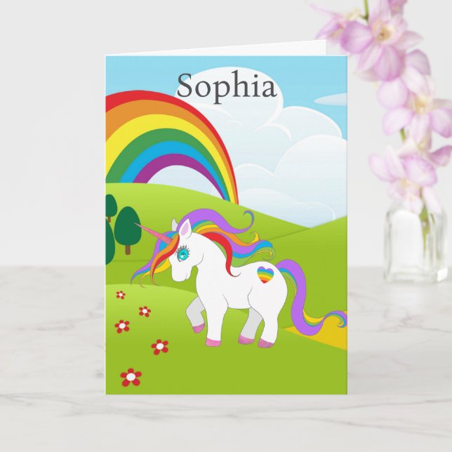 Unicorn Young Girls Birthday Personalise Name Age Card (Orchid)