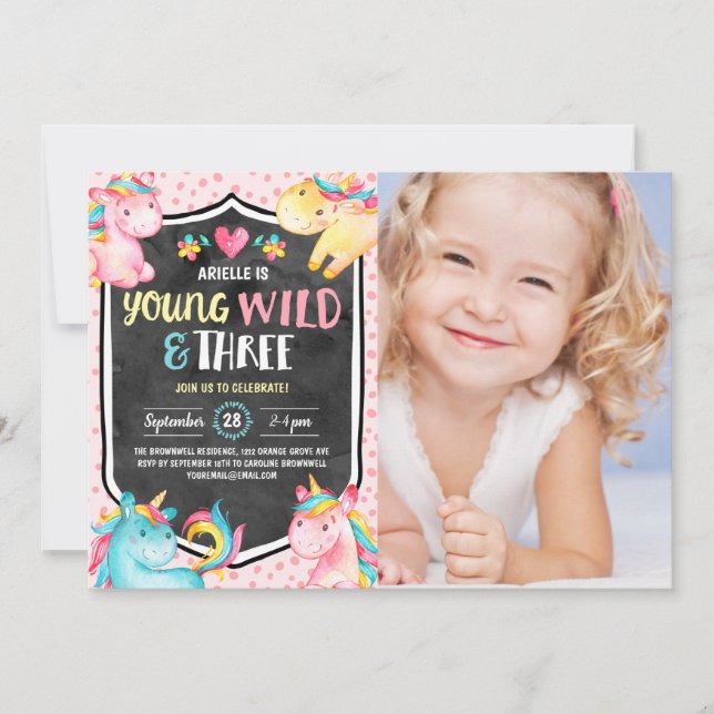 Unicorn Young Wild & Three Birthday Party Photo Invitation (Front)