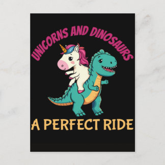 Unicorns and dinosaurs a perfect ride holiday postcard
