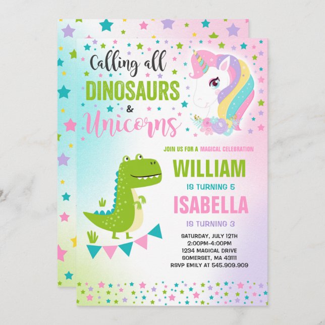 Unicorns And Dinosaurs Birthday Invitation Magical (Front/Back)