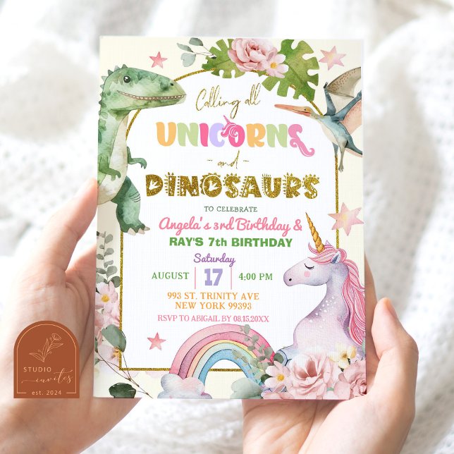 Unicorns and Dinosaurs Joint Sibling Birthday Invitation (Creator Uploaded)