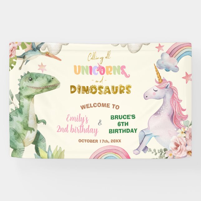 Unicorns and Dinosaurs Joint Sibling Welcome Sign (Horizontal)