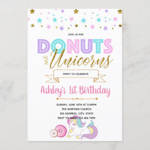 Unicorns and doughnuts party invitation