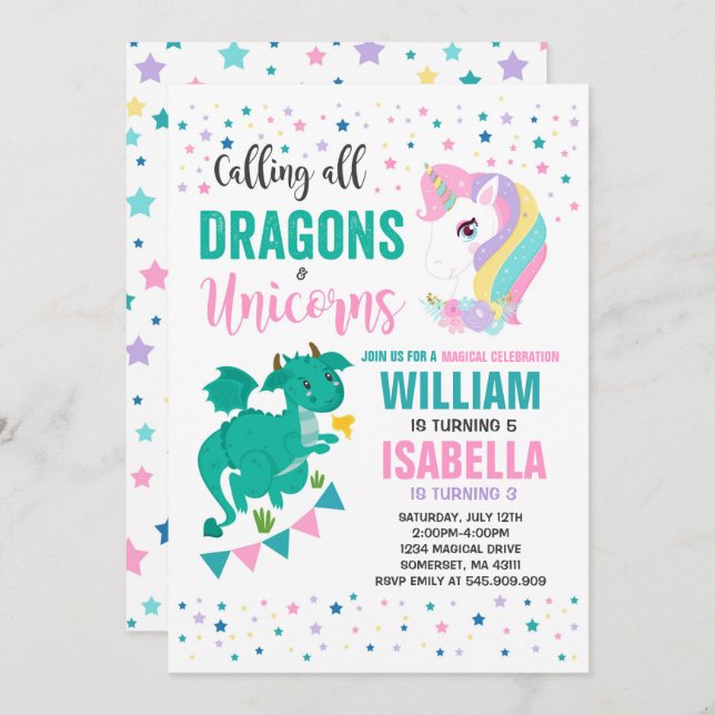 Unicorns And Dragons Birthday Invitation Magical (Front/Back)