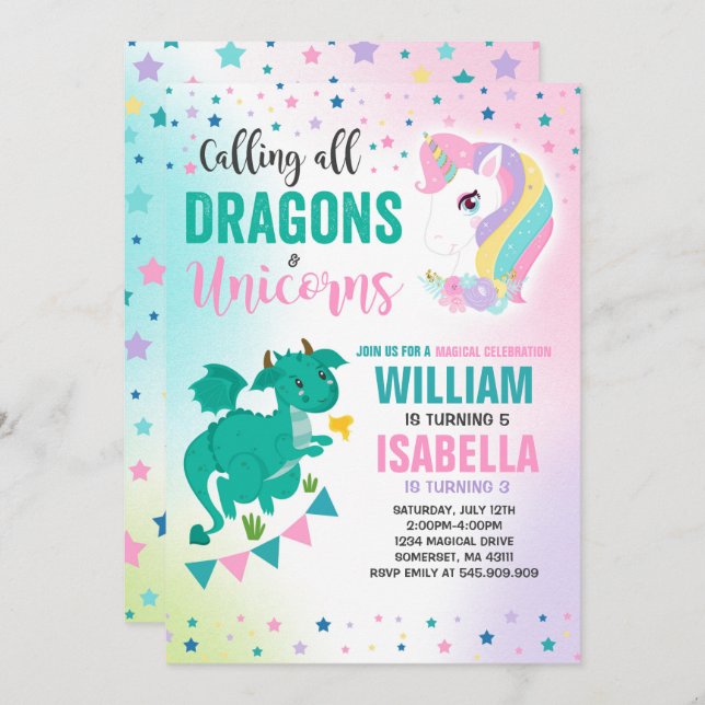 Unicorns And Dragons Birthday Invitation Magical (Front/Back)