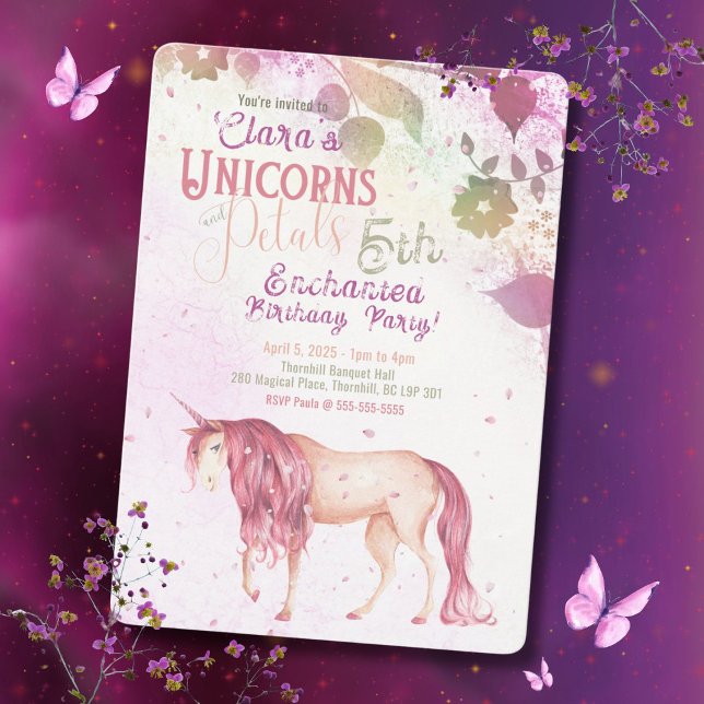 Unicorns and Petals Birthday Invitation (This Unicorn and Petals  birthday invitation is a great mix between beauty and sophistication.)