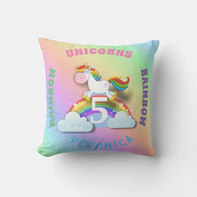 Unicorns and Rainbow Birthday Pillow with Name (Front)