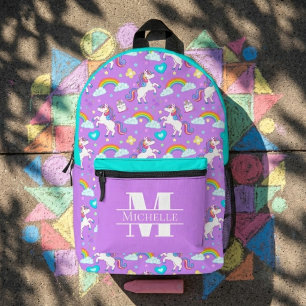 Unicorns and Rainbows Girls Monogram Name Printed Backpack