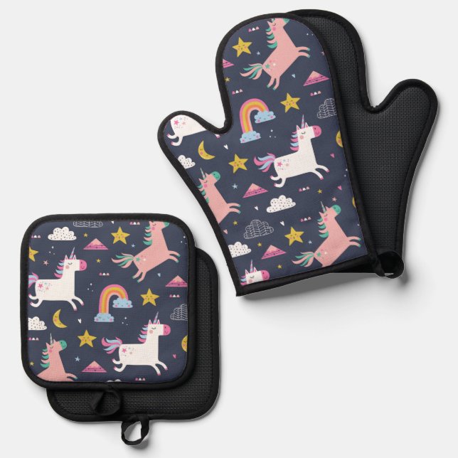 Unicorns and Rainbows Oven Mitt & Pot Holder Set (Front/Back)