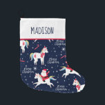 Unicorns and Santas Large Christmas Stocking<br><div class="desc">A cute Christmas stocking with unicorns,  Santas,  and candy canes. Navy blue background resembles the night sky with stars.  What could be more fun?  Of course,  you can personalise this stocking with the appropriate name and add a date if you wish.</div>