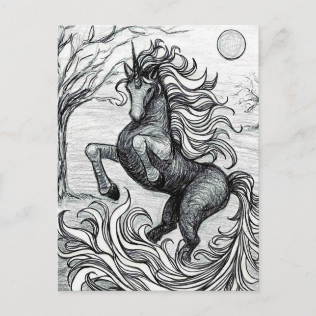Unicorns Black Unicorn Black & White Drawing Postcard (Front)
