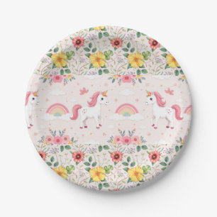 Unicorns & Botanical Flowers, Rainbows, Party Paper Plate