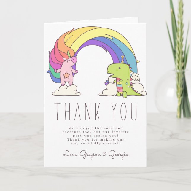 Unicorns & Dinosaurs Birthday Thank You Card (Front)