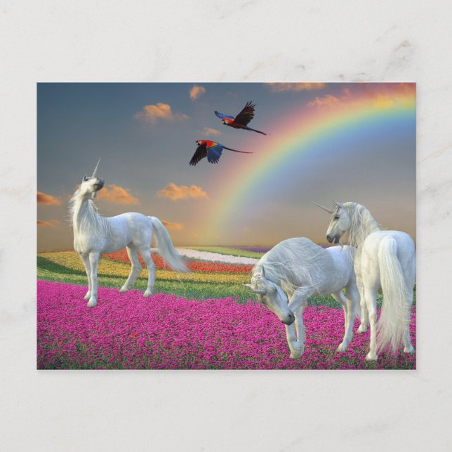 Unicorns Fantasy Rainbow Flower Landscape Postcard (Front)