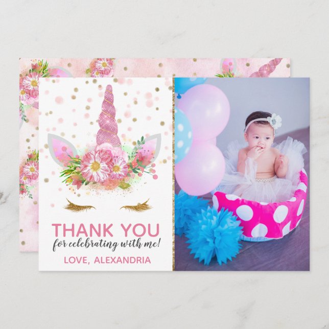 Unicorns in Bloom Thank You Card (Front/Back)