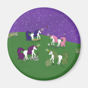 Unicorns in Field Under Purple Sky Cartoon Art Magnet