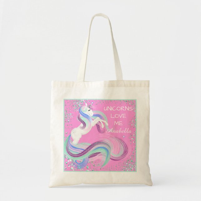 "Unicorns Love Me" Glittery Stars Tote Bag Pink (Front)