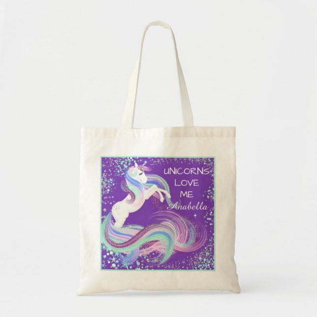 "Unicorns Love Me" Glittery Stars Tote Bag Purple (Front)