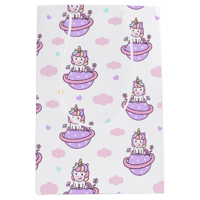  Unicorns on Planets Magical Space Pattern  Medium Gift Bag (Front)