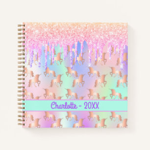 Unicorns pink name holographic girl notebook