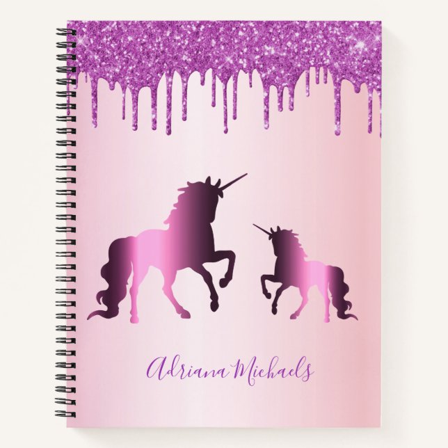 Unicorns pink purple glitter name notebook (Front)
