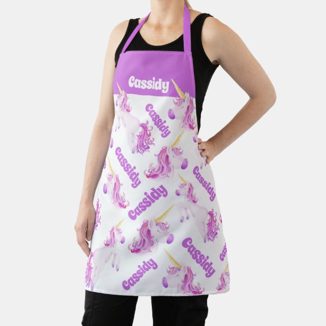 Unicorns purple pink personalized name apron (Insitu)