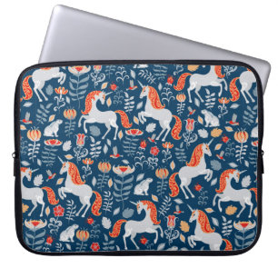 Unicorns,rabbits,birds,flowers on a blue backgroun laptop sleeve