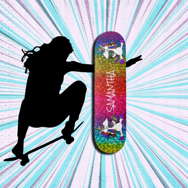  Unicorns Rainbow Iridescent Glitter  Skateboard (Girl Power, Original and best online Zazzle skateboard shop- Urban Warrior)