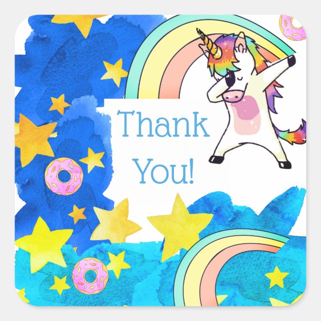 Unicorns Rainbows Doughnuts in Blue Starry Sky Cus Square Sticker (Front)