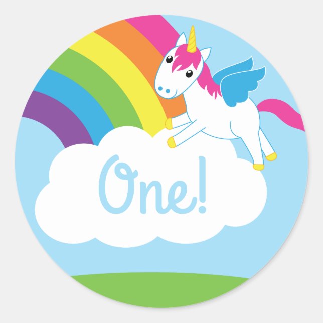 Unicorns & Rainbows Kid's Birthday Party Cute Classic Round Sticker (Front)