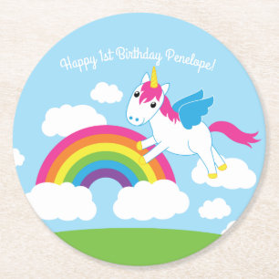 Unicorns & Rainbows Kid's Birthday Party Cute Round Paper Coaster