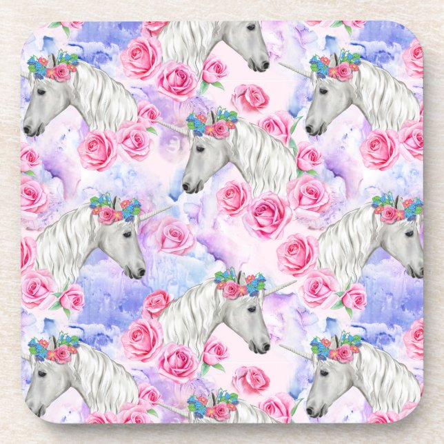 Unicorns & Roses Pattern Coaster (Front)
