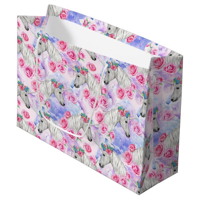 Unicorns & Roses Pattern Large Gift Bag (Front Angled)