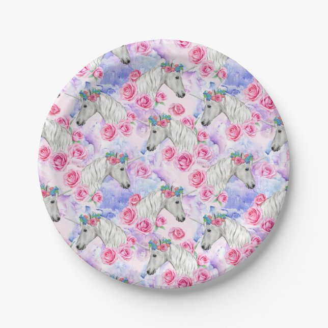 Unicorns & Roses Pattern Paper Plate (Front)
