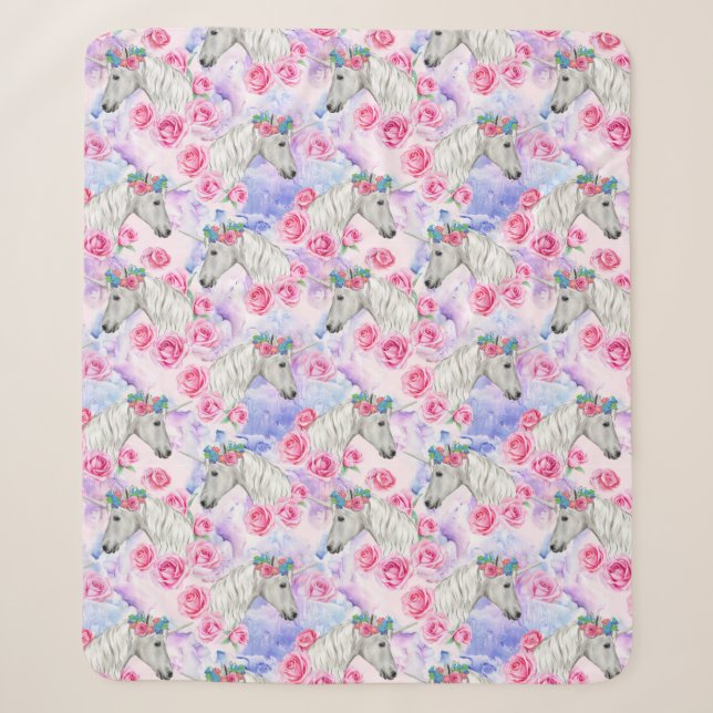 Unicorns & Roses Pattern Sherpa Blanket (Front)