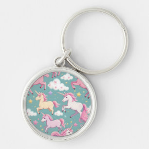 Unicorns with clouds and stars pattern key ring