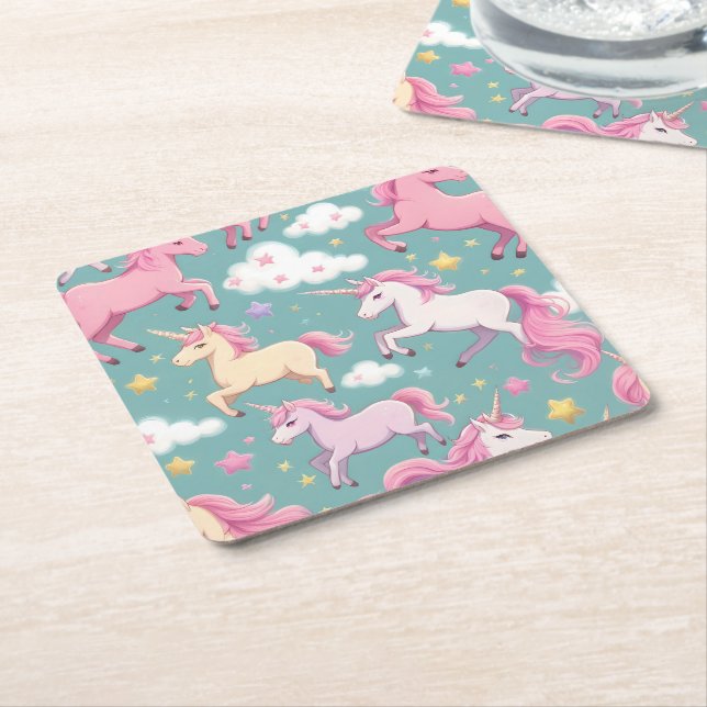 Unicorns with clouds and stars pattern square paper coaster (Angled)