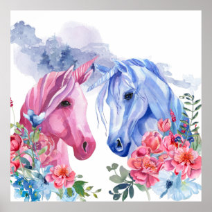 Unicorns with Flowers Watercolor Art Faux Canvas Poster