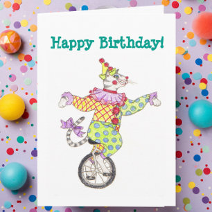 Unicycle Clown Cat Birthday Card