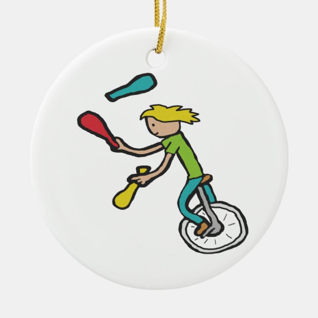 Unicycling Juggler Ceramic Tree Decoration (Front)