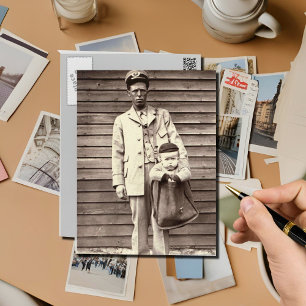 Uniformed Postman with Baby in Mailbag Postcard