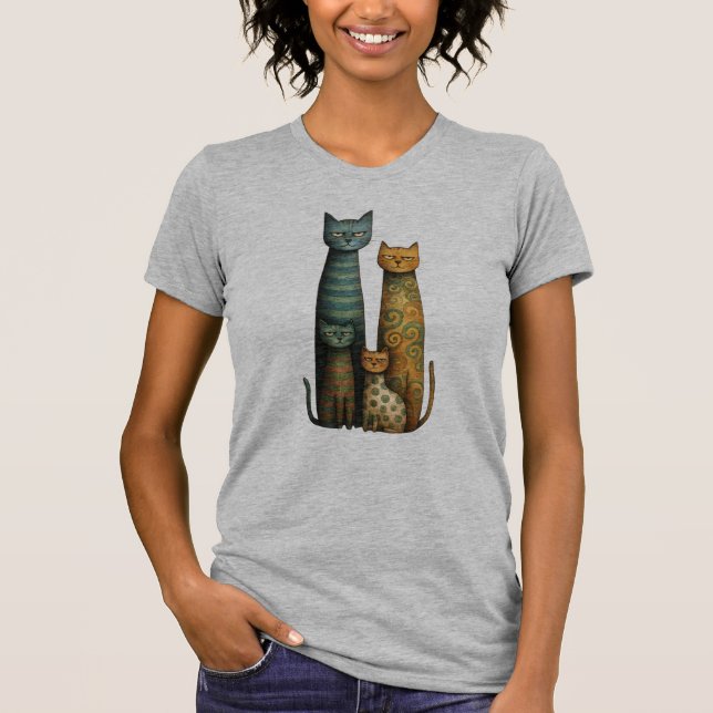 Unimpressed Folk Art Cat Family Design T-Shirt (Front)