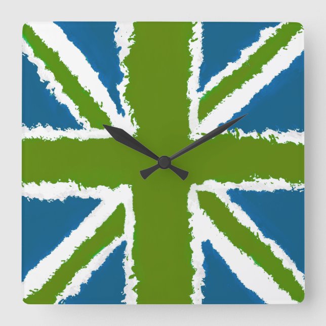Union Jack Art Green Teal Tones Wall Art Square Wall Clock (Front)