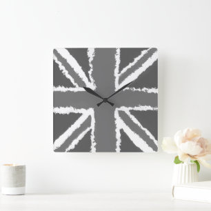 Union Jack Art Grey Tones Wall Mounted Square Wall Clock