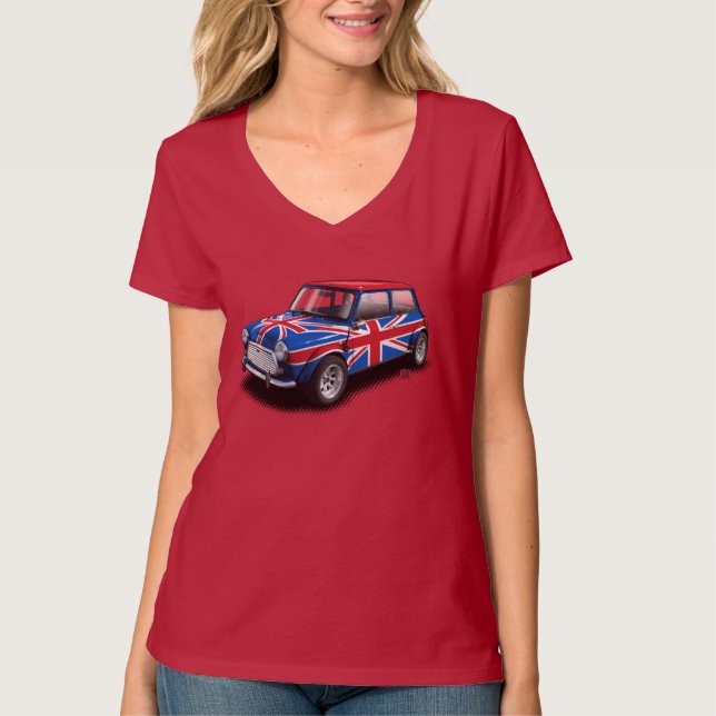 Union Jack Classic Mini Car on Ladies Red T-Shirt (Front)