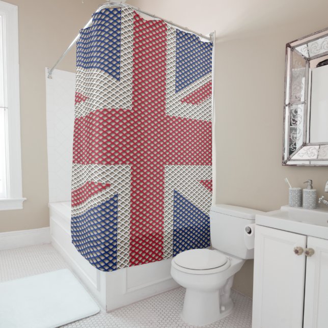 Union Jack Flag Fishnet Pattern Shower Curtain (In Situ)