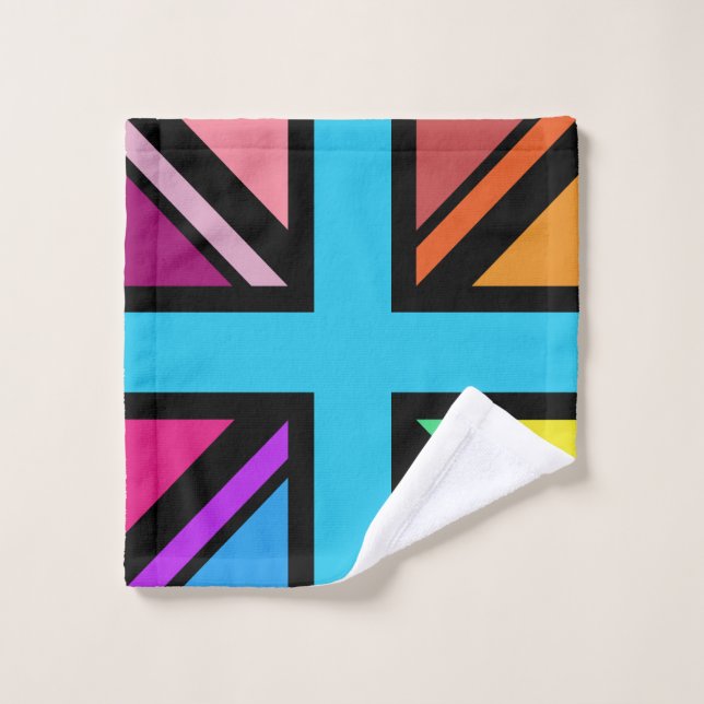 Union Jack/Flag Multicolored+Black Design Bath Towel Set (Wash Cloth)