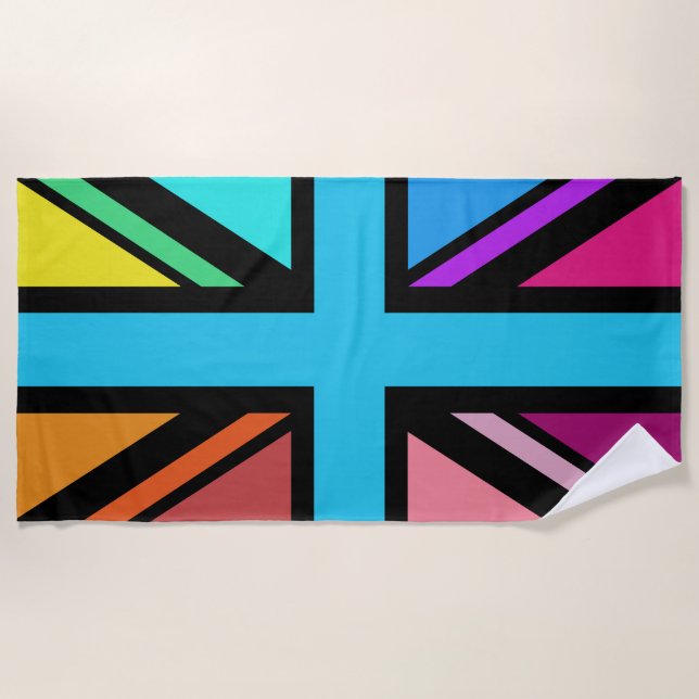 Union Jack/Flag Multicolored+Black Design Beach Towel (Front)
